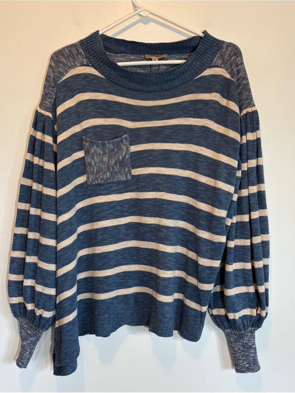 New Gigio Blue Stripe Knit Sweater XL Balloon Sleeves